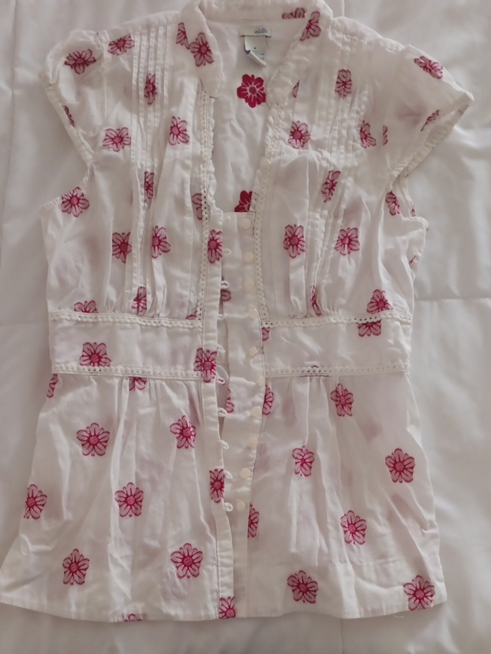 Odille White Button-Front Top with Pink Floral Print